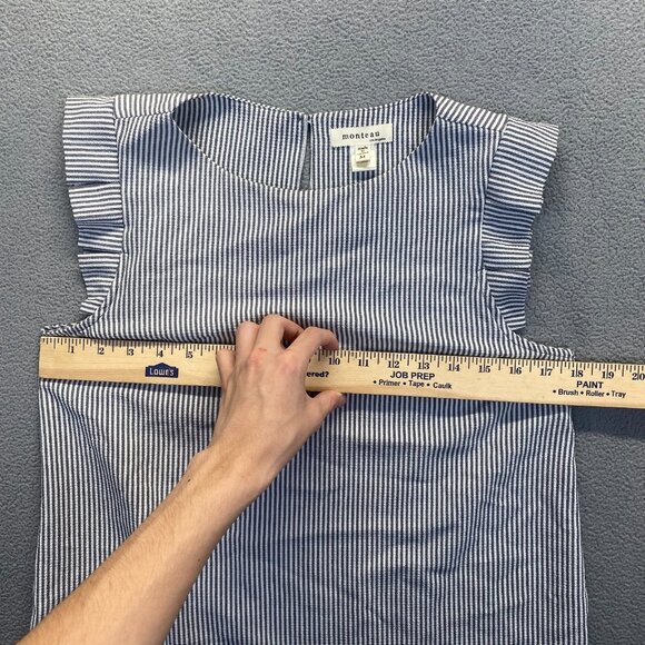 Monteau Top Teens Size M Blue White Striped Short Sleeve Ruffled Blouse - Picture 5 of 10